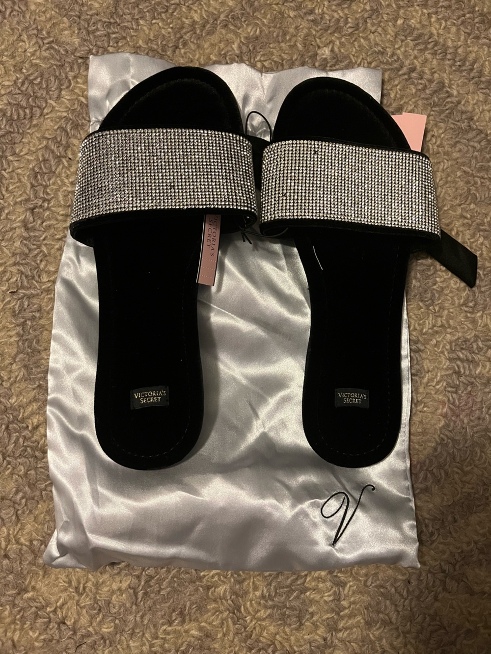 Victoria's Secret Black Velvet Slide Sandals with Crystal Band